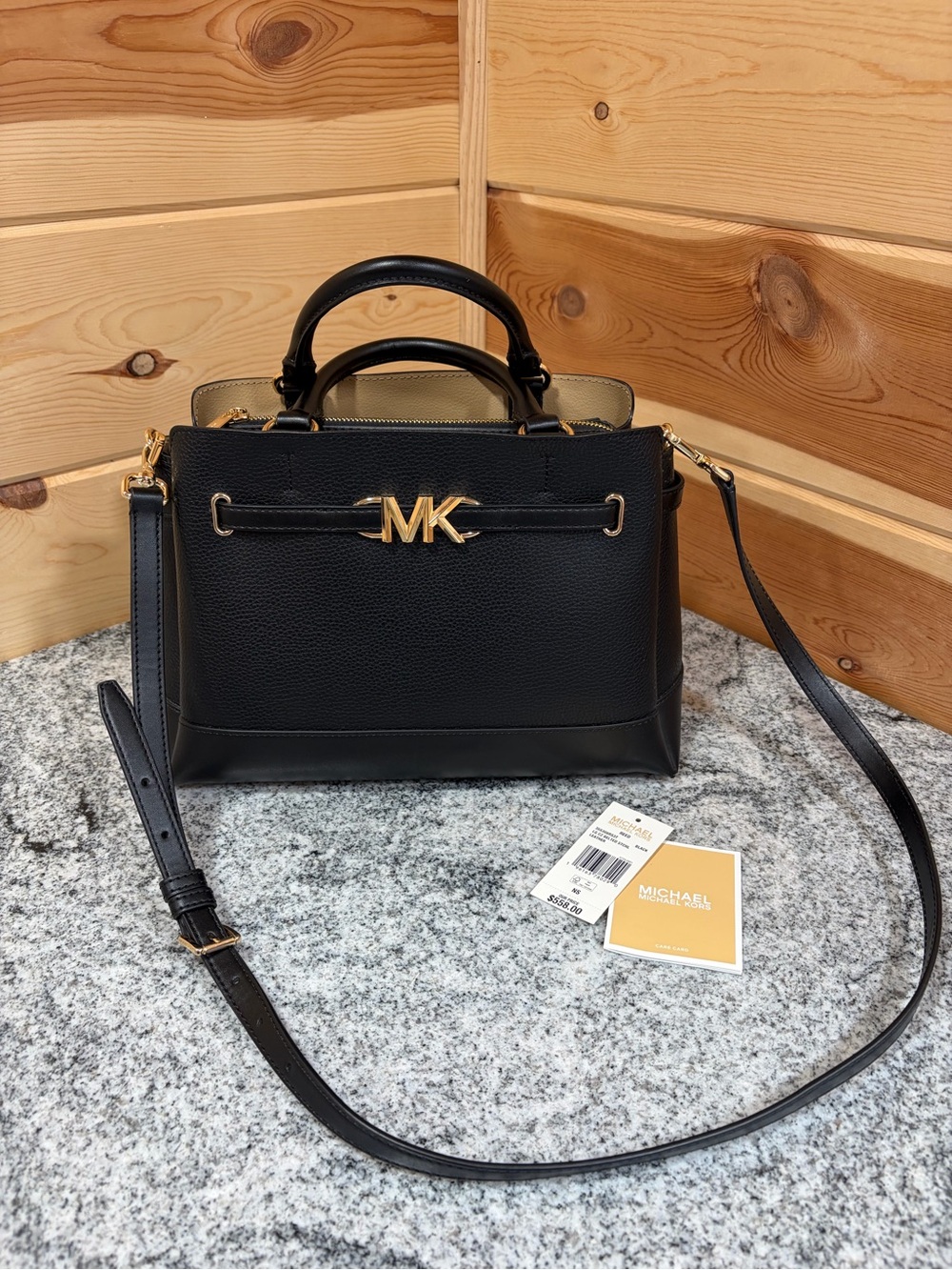 Michael Kors Black Pebble Leather Satchel with Gold MK Logo